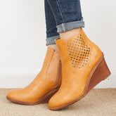 Hollow Ankle Boots Closed Toe Stacked Wedge Heel Booties